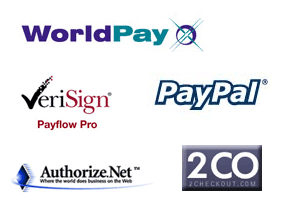 Payment mechanisms include Worldpay, Verisign, PayPal, Authorize and 2Checkout