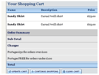 Shopping cart: sample screenshot. Click here to view demo site.